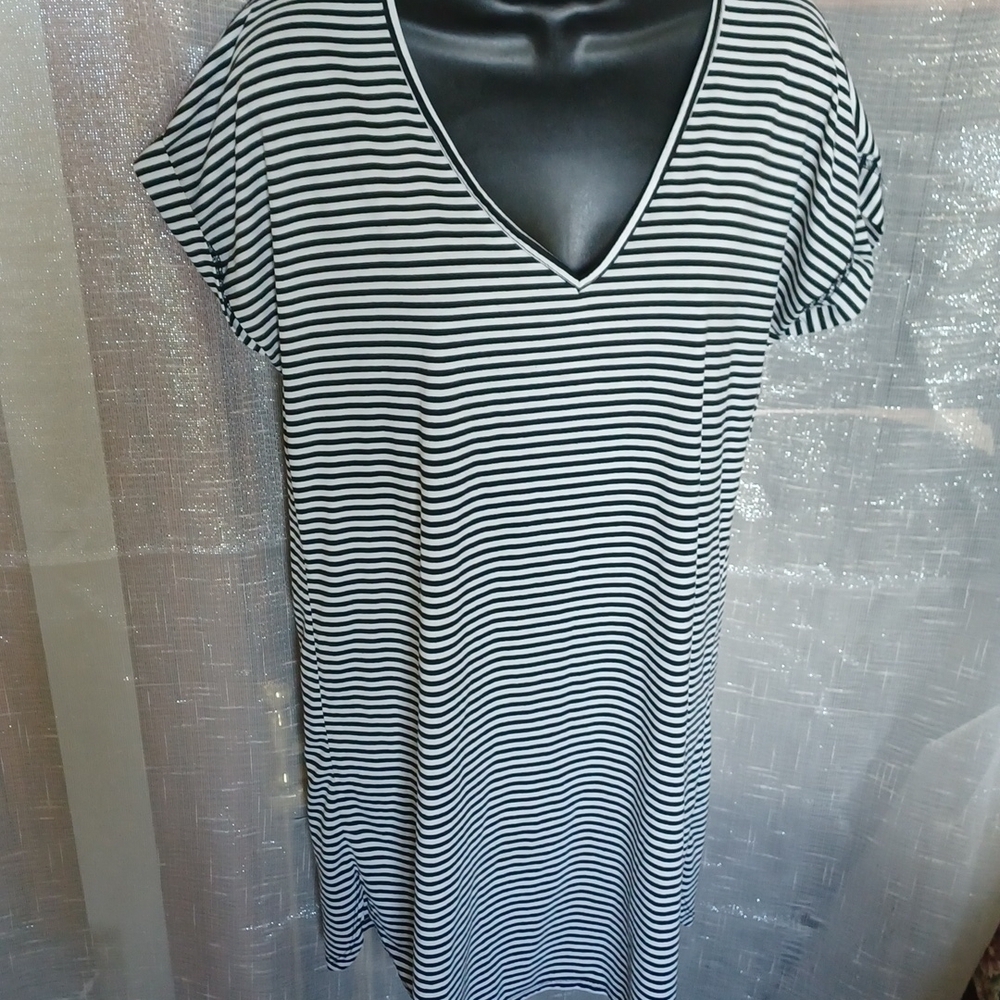 Liberty Love T-Shirt Dress L Black White Stripe, cap sleeve